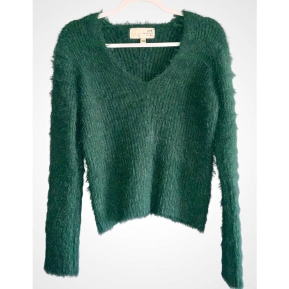 J.O.A. Emerald Green Deep V-Neck Sweater Cozy Fuzzy Casual Cropped Medium